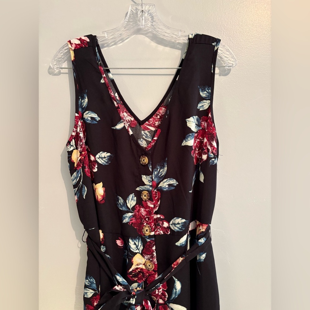 Xhilaration Women's Jumpsuit Large Floral Black Sleeveless V-Neck Button Front - Picture 5 of 16